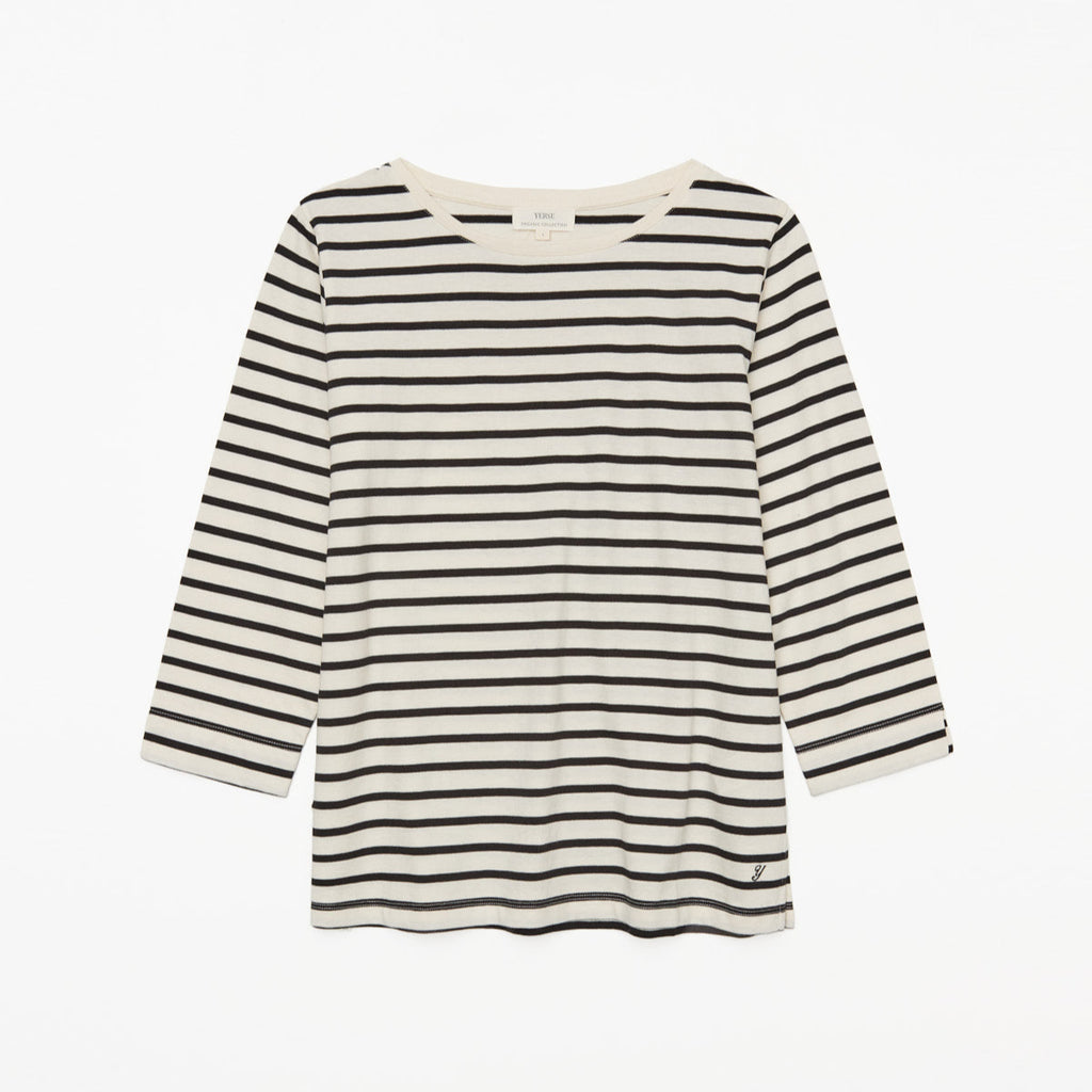 Organic cotton straight cut stripe black and white top with Bateau neckline and
Three-quarter sleeves