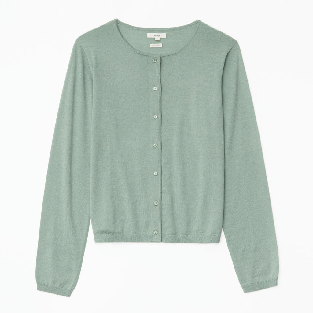 Soft blue green merino wool cardigan with full length sleeves and button front. 