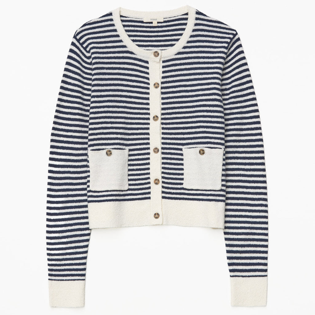 A navy and white stripped cardigan white white edges, two front pockets and round neckline. 