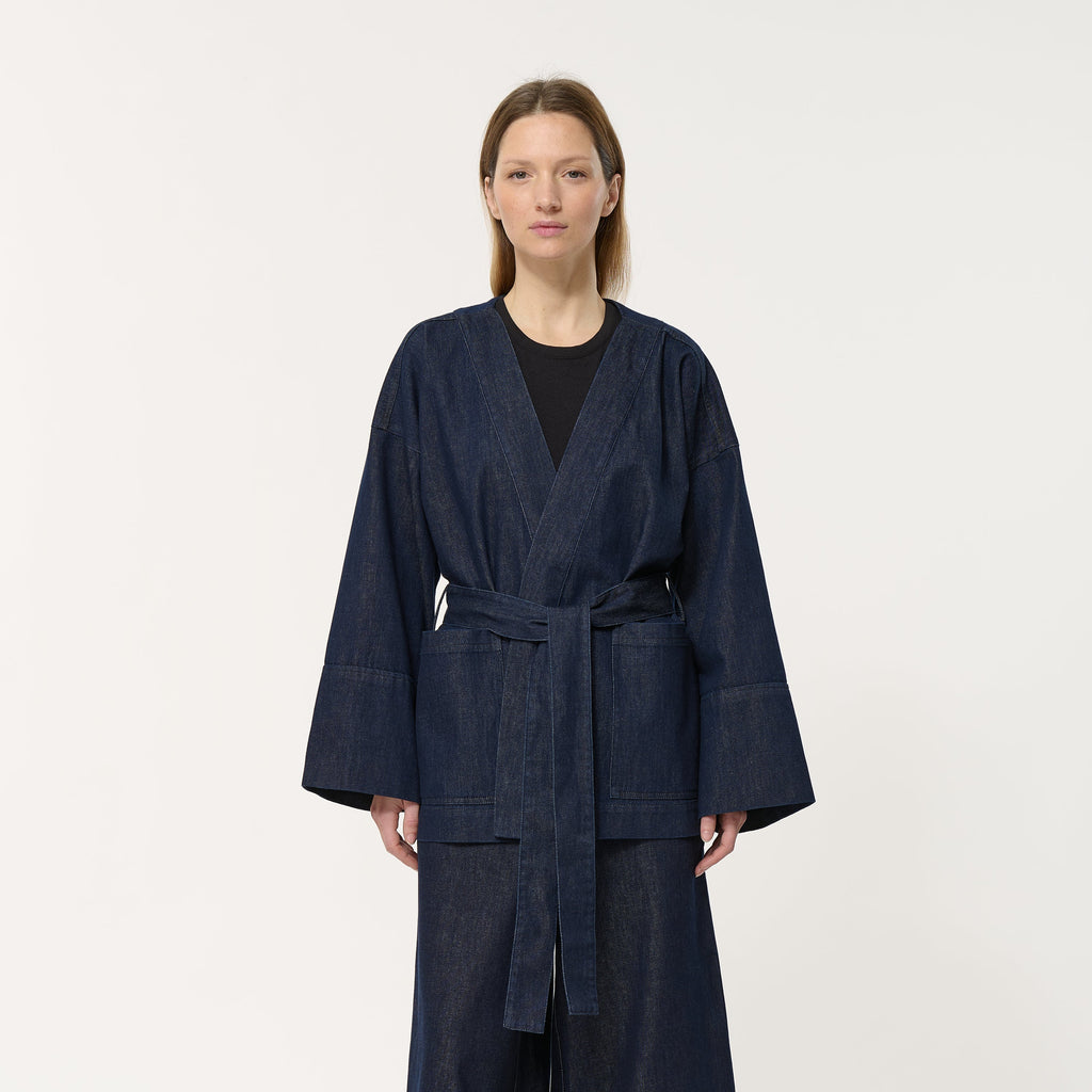 Dark Denim Kimono style jacket - Hip length with long wide sleeves, dropped armholes and Loops with removable belt