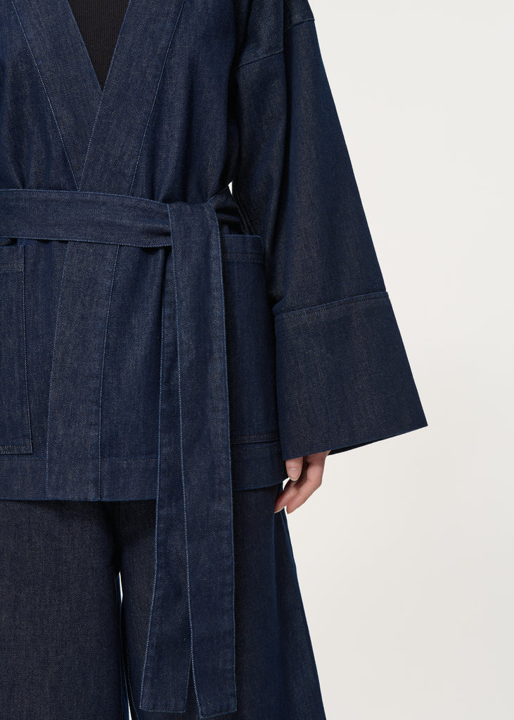 Dark Denim Kimono style jacket - Hip length with long wide sleeves, dropped armholes and Loops with removable belt