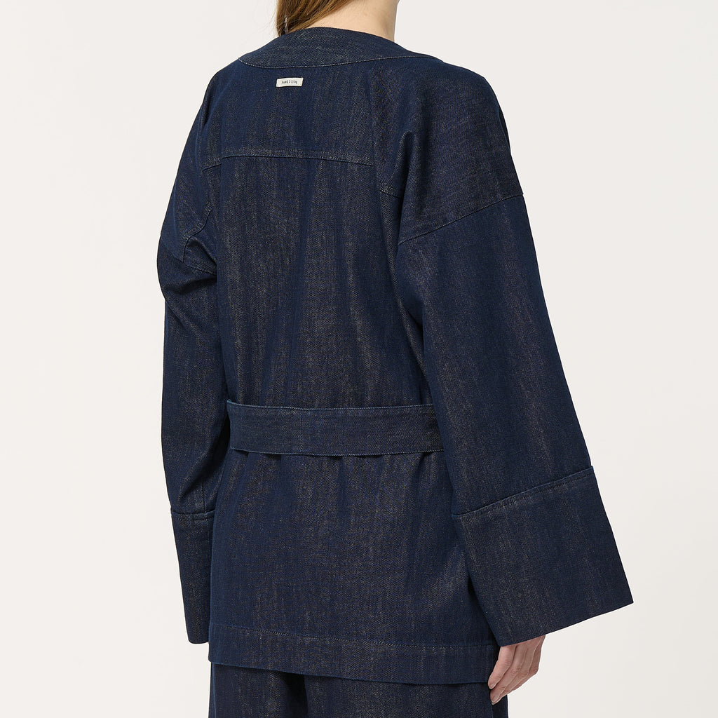 Dark Denim Kimono style jacket - Hip length with long wide sleeves, dropped armholes and Loops with removable belt