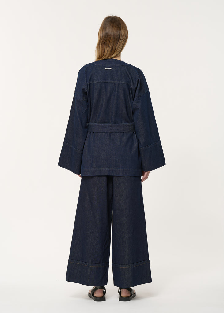 Dark Denim Kimono style jacket - Hip length with long wide sleeves, dropped armholes and Loops with removable belt