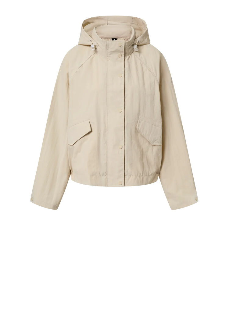 Beige Ecoalf jacket with a hood and two front pockets, featuring a relaxed fit and snap button closure.