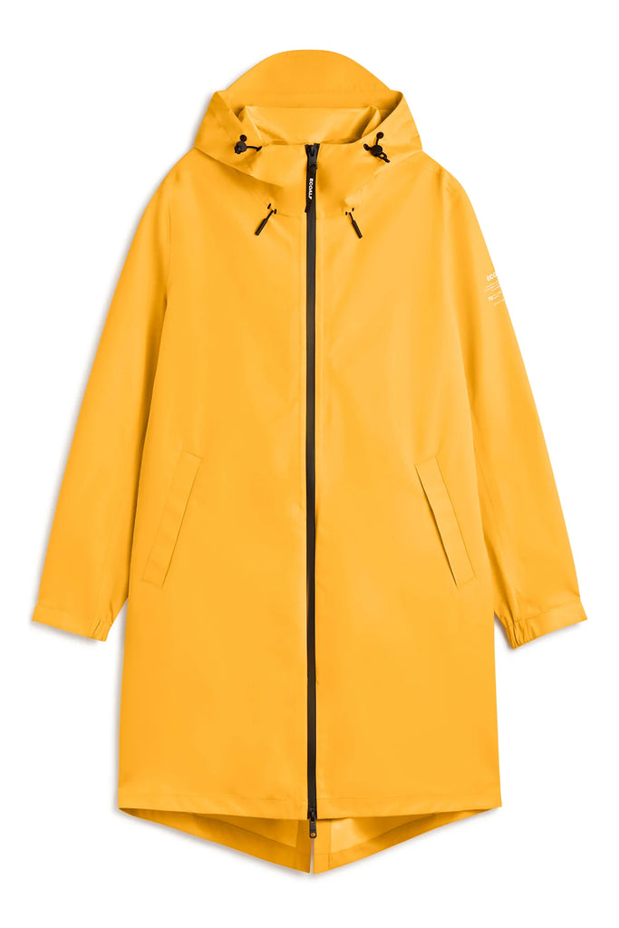 Bright yellow Ecoalf raincoat with black zipper and drawstrings, featuring a hood and side pockets.