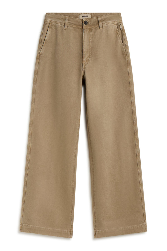 Tan wide-leg trousers by Ecoalf, featuring front pockets and a button closure.