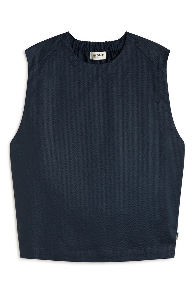 Navy blue sleeveless top by Ecoalf with a textured fabric and gathered neckline.