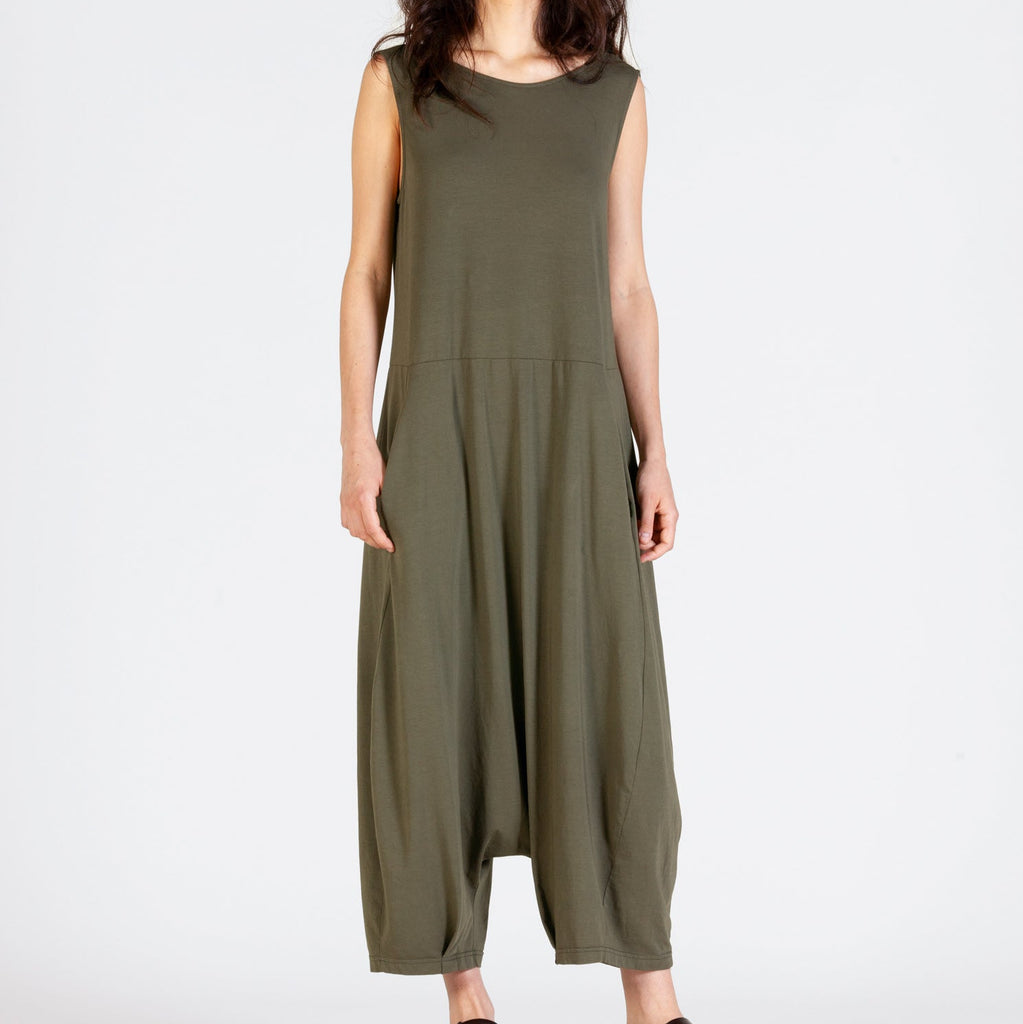 Drop crotch, sleeveless, relaxed fit jumpsuit in khaki / alga green. 