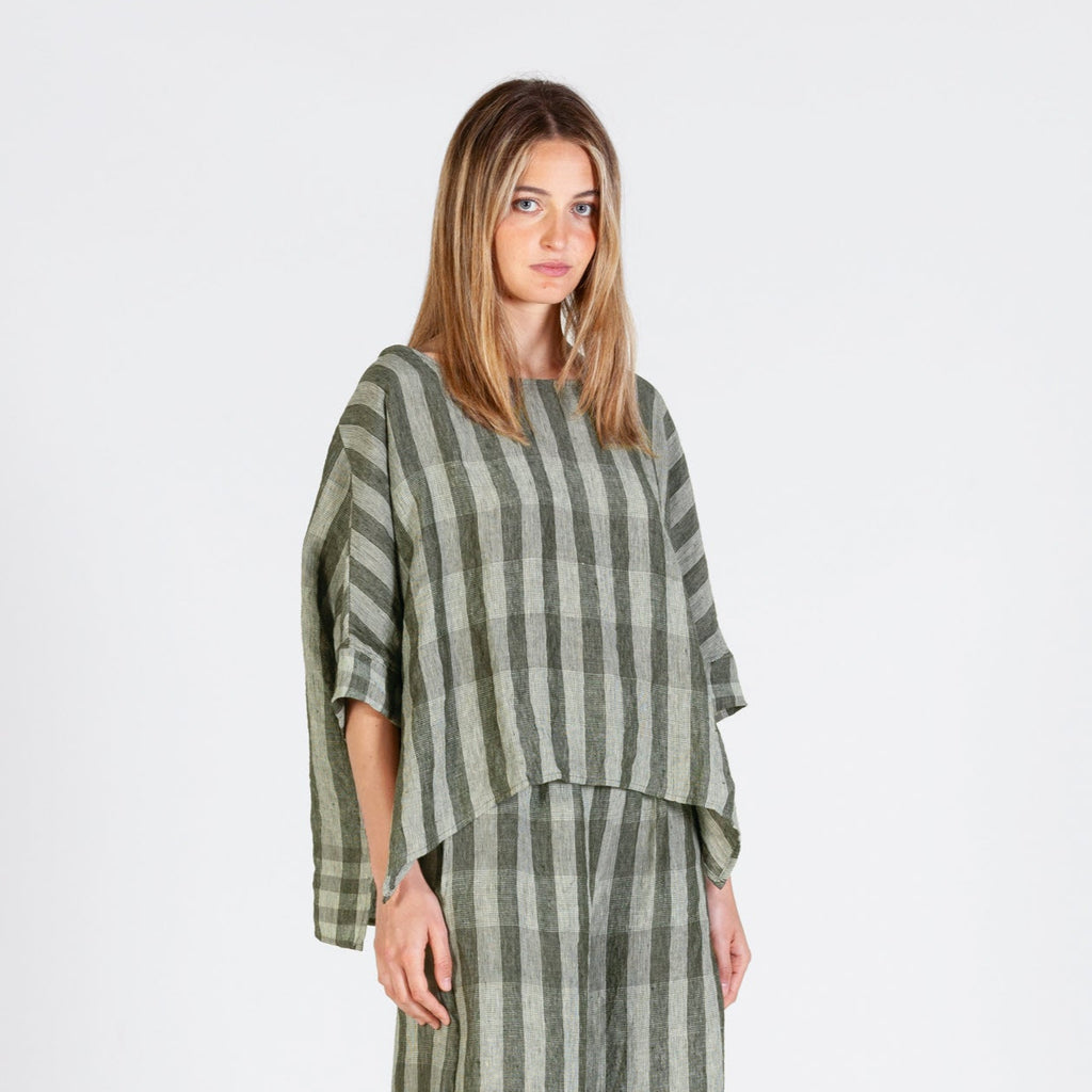 Soft green checked woven linen shirt - loose fit with elbow length sleeves, dropped hem and slight side split. 