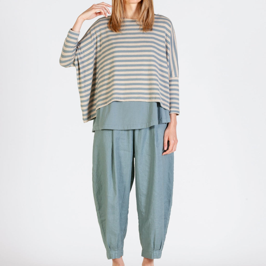 Relaxed boxy jumper with pale blue and oatmeal stripe and dropped shoulders styled with pale blue balloon trousers with tapered ankle cuff. 