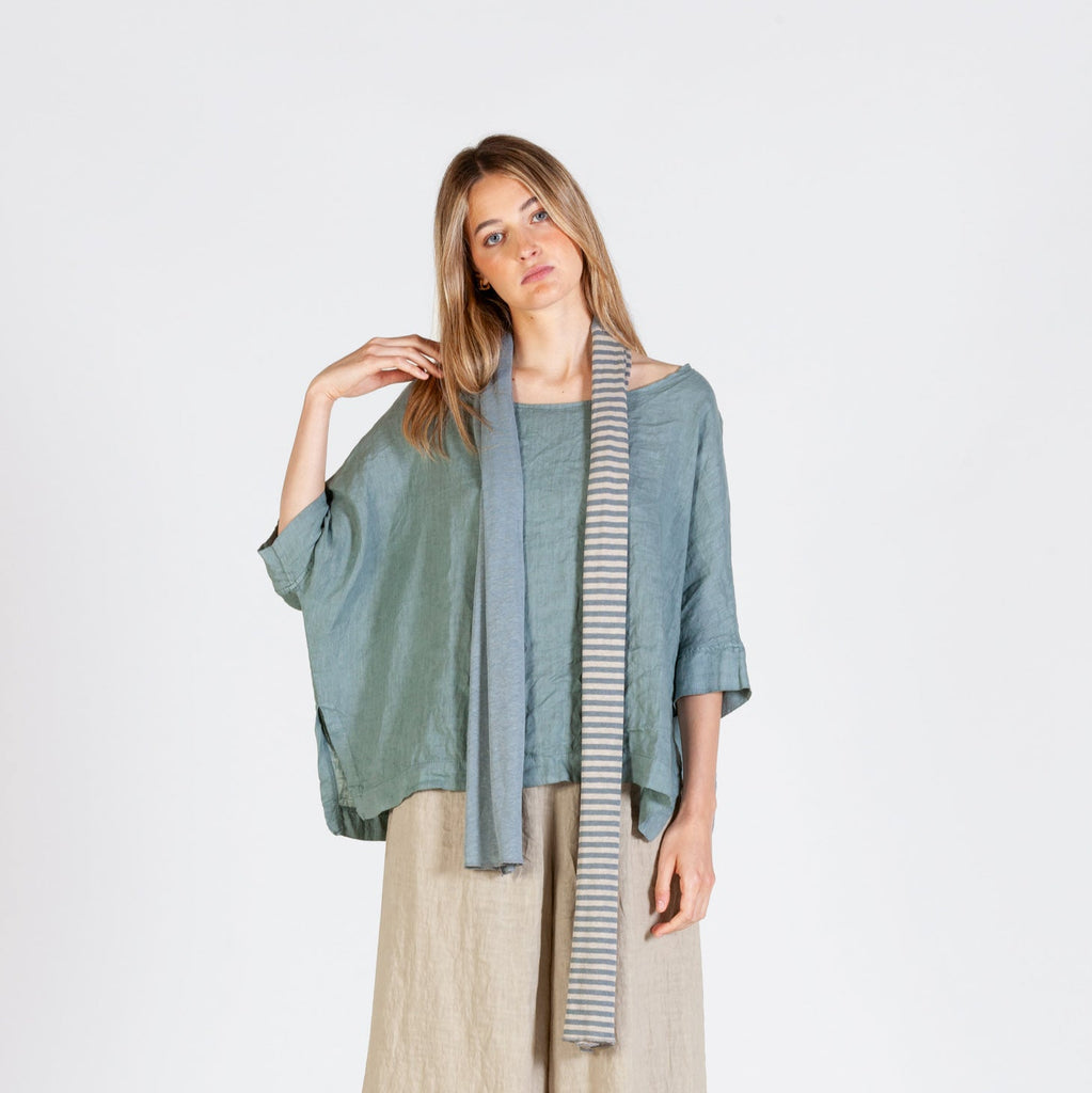 viscose linen in pale blue and oatmeal striped scarf - part stripe part plain 