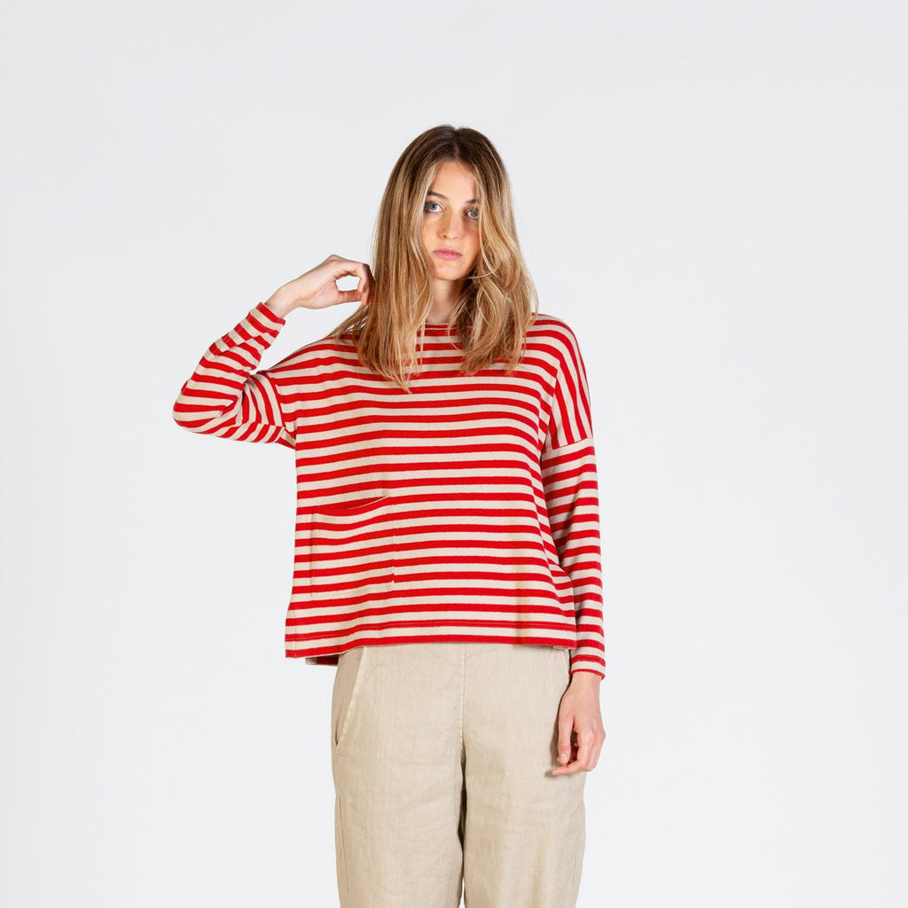 Red and oatmeal white striped jumper with dropped shoulders and front side pocket. 