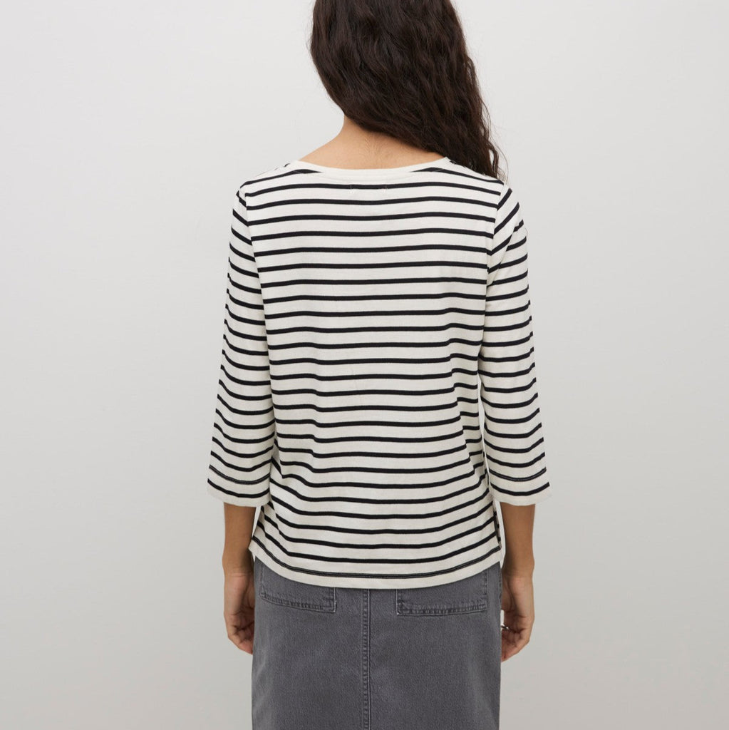 Organic cotton straight cut stripe black and white top with Bateau neckline and
Three-quarter sleeves